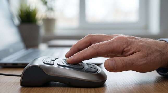 Person using an assistive technology trackball mouse for computer accessibility.