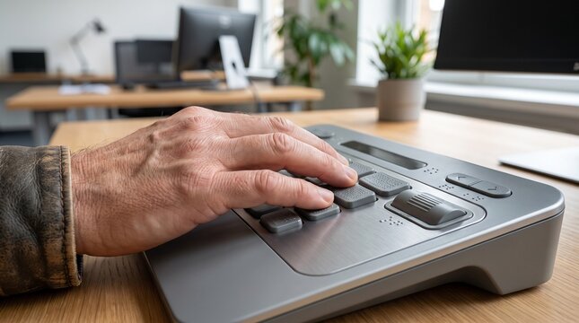 Close up of a person using a specialized accessibility keyboard in a modern office.