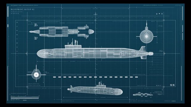 Digital Blueprint Schematic of a Modern Military Submarine.