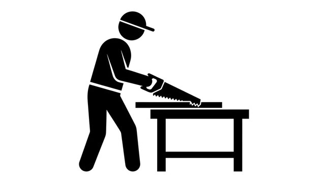Carpenter icon of stick figure sawing wood on workbench isolated black and white vector symbol.