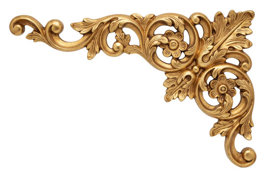 Ornate gold baroque corner ornament with acanthus leaf scrollwork patterns isolated on a transparent background