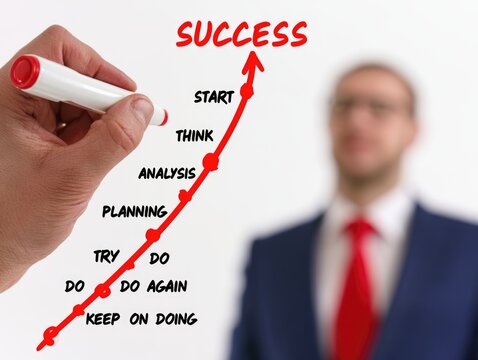 A hand draws an upward arrow chart labeled with steps leading to success, while a businessman in a suit stands blurred in the background.