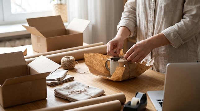Hands packing a gift with brown paper and twine in a home office setting