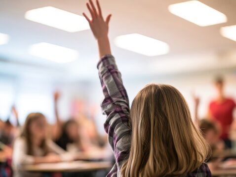 A student with long hair raises their hand in a bright classroom filled with other attentive students and a teacher in the background.