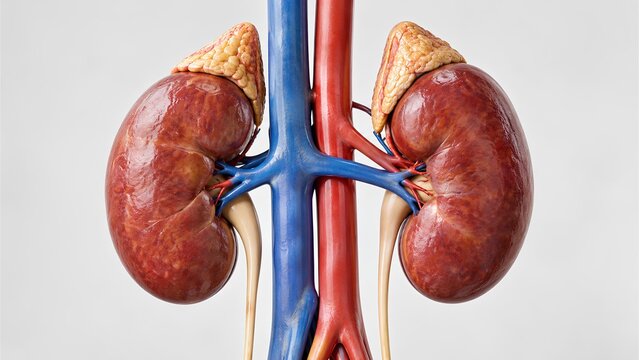 Ultra-realistic anatomical model of human kidneys with adrenal glands, renal vessels, ureters and major blood vessels presented in a clean professional studio setting for education.