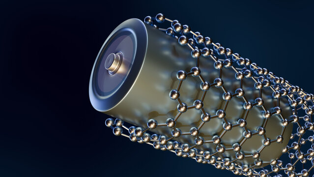 A 3d carbon nanotube lattice and a battery cell. A representation of nanotech-enhanced energy storage, advanced battery chemistry, and futuristic power technology.