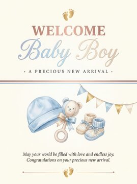 Welcome baby boy greeting card with cute teddy bear and baby items illustration