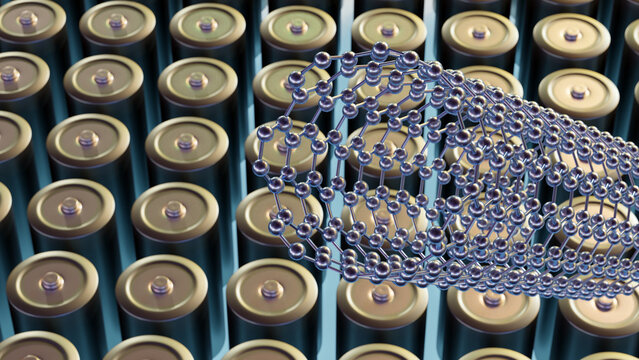 A 3d carbon nanotube lattice and a battery cell. A representation of nanotech-enhanced energy storage, advanced battery chemistry, and futuristic power technology.