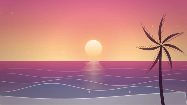 Vibrant tropical sunset with a silhouette palm tree over calm ocean waves in a minimalist vector design