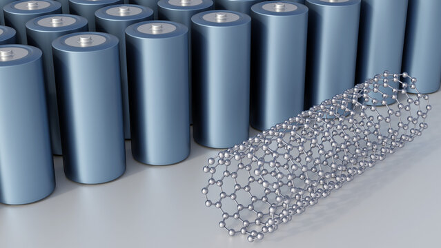 A 3d carbon nanotube lattice and a battery cell. A representation of nanotech-enhanced energy storage, advanced battery chemistry, and futuristic power technology.