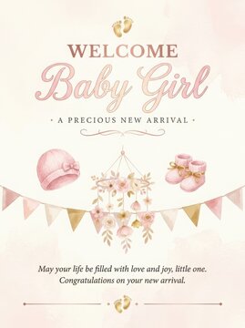 Welcome baby girl greeting card with floral decorations and footprints design