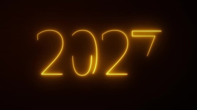 Video animation of abstract neon lights with the numbers 2027,and the message happy new year in yellow over dark background - represents the new year - vacation concept.