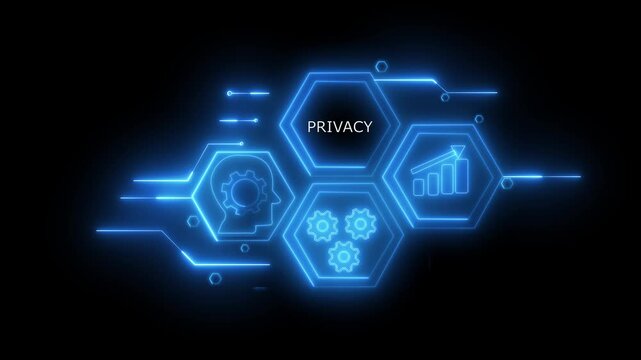 Abstract neon Hud knowledge ability business gear icon Glowing neon line concept. Glowing "PRIVACY" button in German on a futuristic, abstract wave technology on black background..4k video
