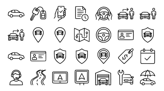Rental Booking and Transportation Service Thin Line Icon Set