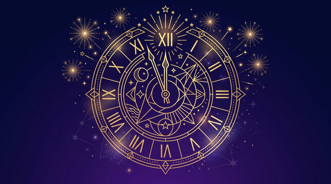 Golden clock face showing midnight with sparkling fireworks on a deep purple night background with displays midnight surrounded roman numerals displays fireworks star patterns