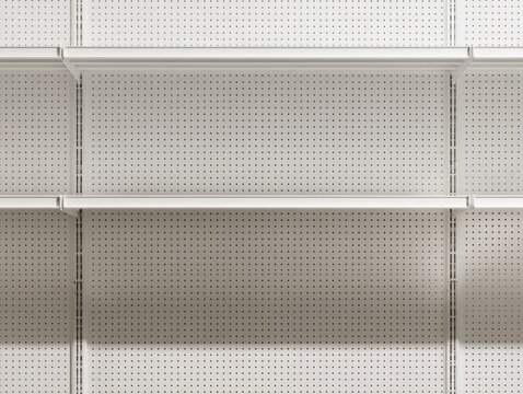 Empty white retail store shelves with pegboard backing, ready for product display in a clean, well-lit environment.