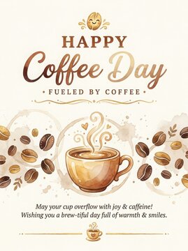 Happy coffee day greeting card with coffee cup and beans illustration
