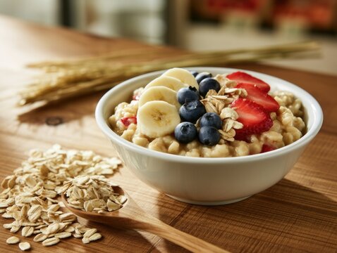A bowl of oatmeal topped with banana slices, blueberries, strawberries, and granola on a wooden table with scattered oats and a wooden spoon.