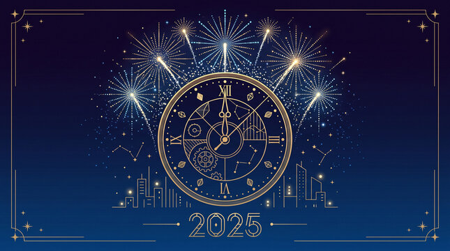 A gold clock striking midnight with fireworks above a city skyline for the year 2025 with exploding above minimalist showing midnight decorative gold constellations