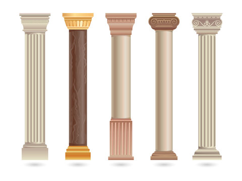 Five classic columns with ornate capitals and bases on transparent background