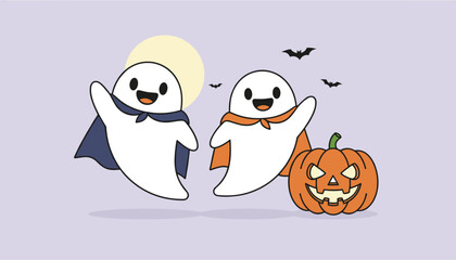 Fototapeta premium Cute Halloween cartoon illustration of two floating ghosts wearing capes next to a spooky carved jack-o-lantern.