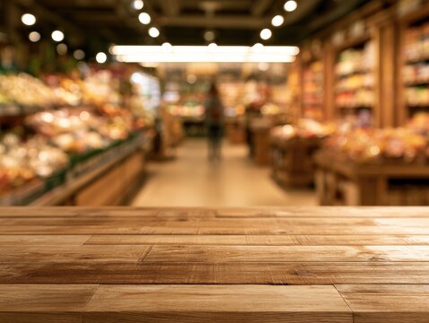 Wooden countertop in a brightly lit grocery store with blurred shelves filled with various fresh produce and goods in the background.