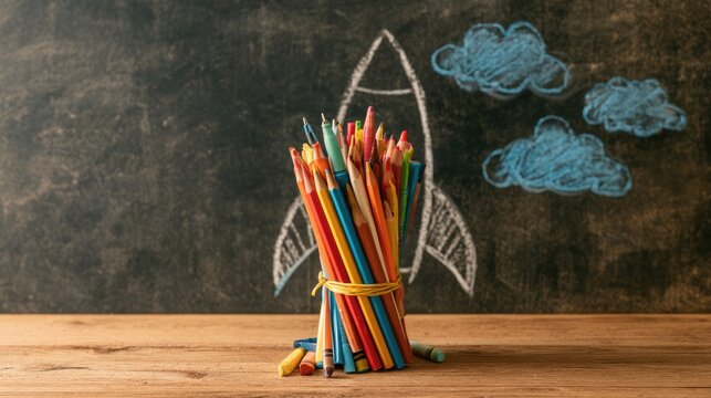 Colored pencils bundled on a wooden table with a chalk-drawn rocket and clouds on a blackboard in the background.