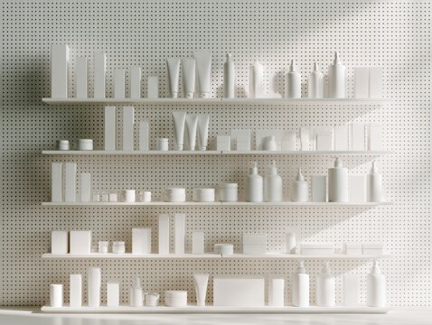 White minimalist cosmetic containers of various shapes and sizes neatly arranged on wall-mounted shelves with a perforated background.