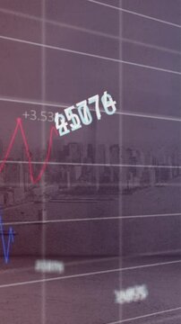Animation of changing numbers and statistical data processing against aerial view of cityscape