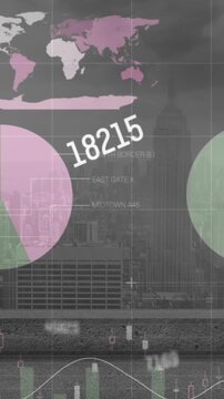 Animation of changing numbers and statistical data processing against aerial view of cityscape