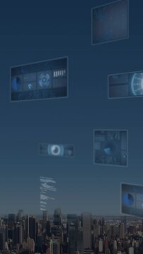 Animation of round scanners and data processing against aerial view of cityscape