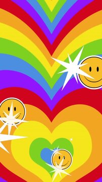 Animation of pride lgbtq, smiley faces and stars falling over rainbow heart background