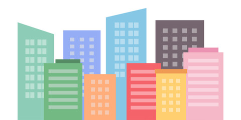 Fototapeta premium Modern colorful city building landscape silhouette. Cityscape, scenery, skyscraper, downtown concepts. Flat vector design isolated illustration.