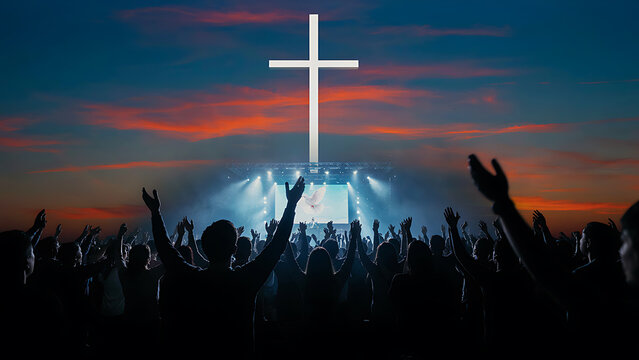 Christian festival crowd worshipping with open hands under sunset sky