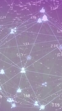 Animation of network of connections, spinning globe of digital icons on purple gradient background