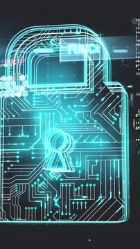 Animation of scope scanning over security padlock icon and data processing against black background
