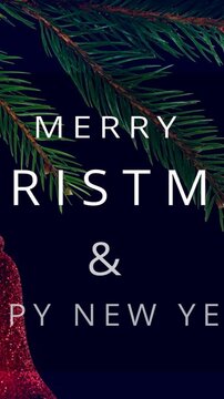 Animation of snow falling over hanging christmas bell on a branch against black background