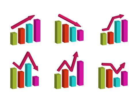 Colorful bar graphs showing growth and decline trends transparent background