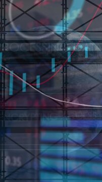 Animation of graphs, trading board and globe over modern buildings through window