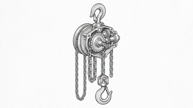 Minimalist Black and White of Chain Hoist with Hooks and Gear Mechanism with high quality professional line art symbols for modern creative design and digital branding projects