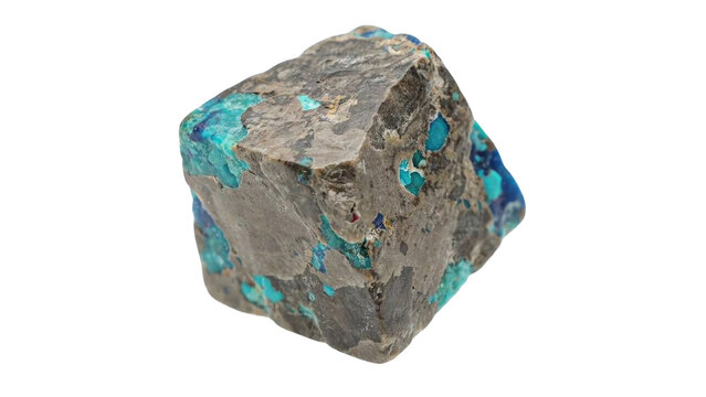 Raw chrysocolla mineral specimen with blue and green inclusions in matrix isolated on a transparent background