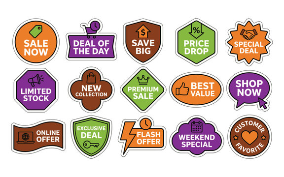 Set of colorful sale and discount stickers with promotional text isolated on a white background for retail business marketing