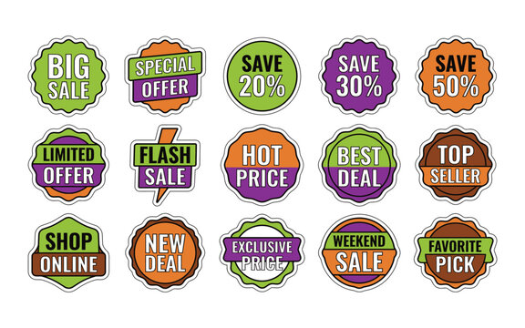 Set of colorful sale badges and discount stickers for shopping promotion isolated on white background