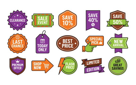 Set of colorful promotional sale stickers and discount badges for retail marketing campaigns isolated on a white background