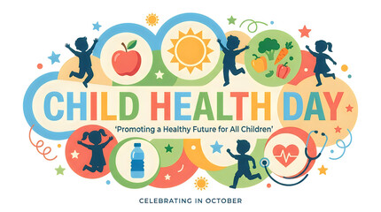 Naklejka premium A playful Child Health Day poster featuring colorful icons and happy children jumping for joy.