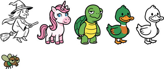 Fototapeta premium Cute Cartoon Character Set with Witch, Unicorn, Turtle, Duck, and Fly for Fantasy, Animal, and Halloween Designs