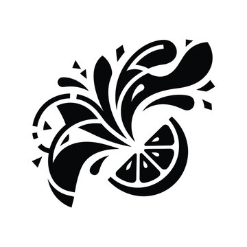 Black silhouette of a fresh lemon slice with a splashing juice effect isolated on a plain white background for food design