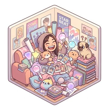 Cute cartoon illustration of an enthusiastic K-pop fan surrounded by idol photos, glowing lightsticks, books, collectibles and adorable pets