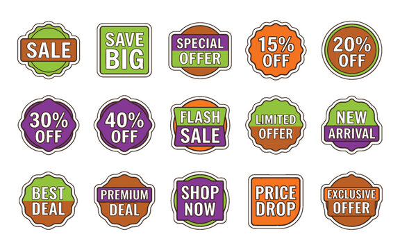 Set of colorful sale and discount stickers with promotional text isolated on a white background
