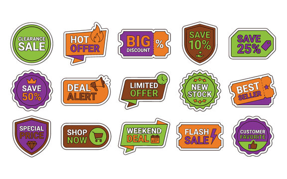 Set of colorful sale tags and discount labels for retail shopping promotions and marketing business banners isolated on white background